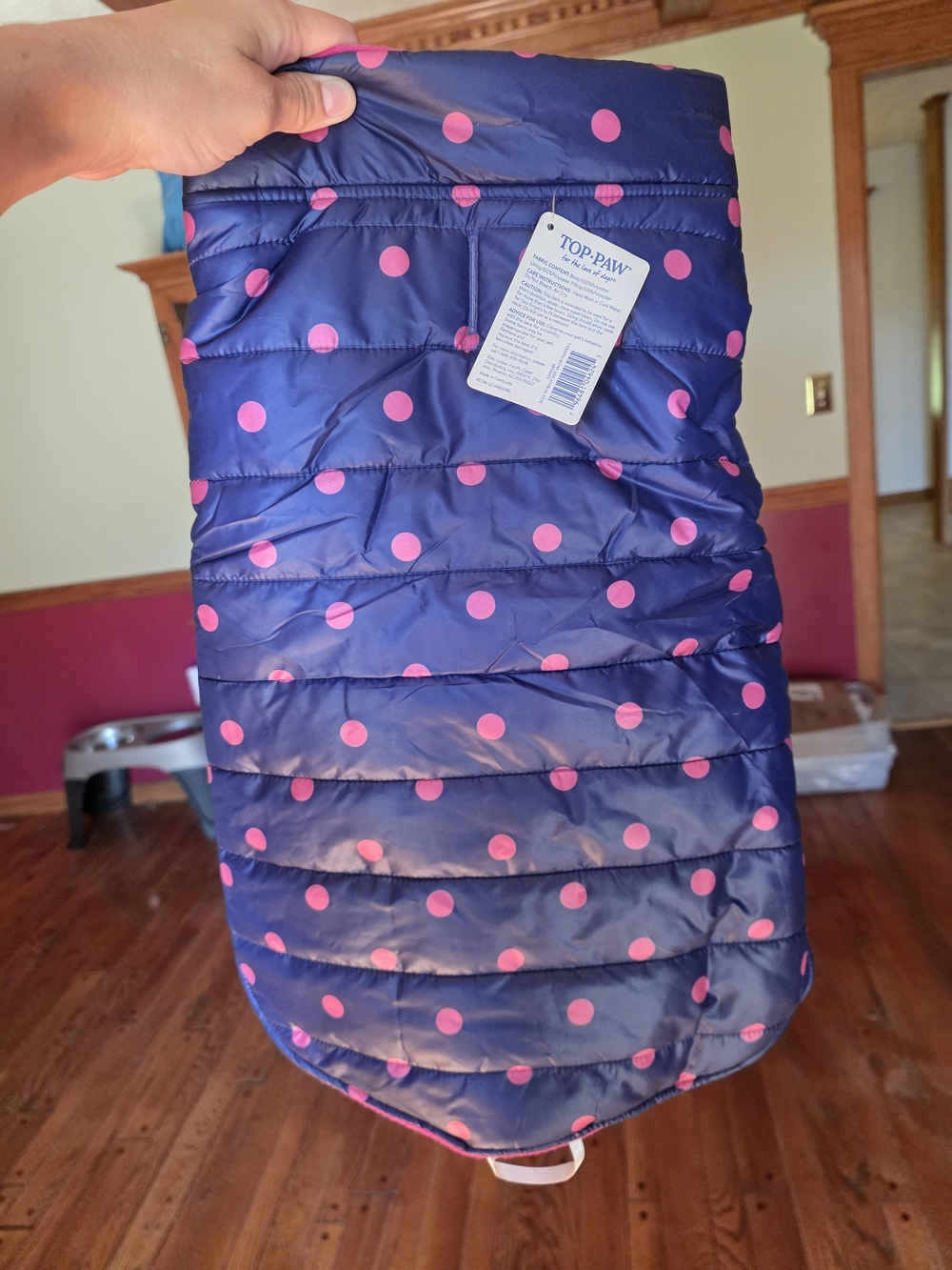Top Paw Navy Dog Coat with Pink Polka Dots